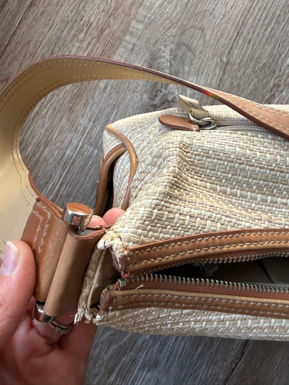 VTG Liz Claiborne Woven Beige Tan Straw Shoulder Bag Brown Trim Grandma Core S M - Picture 15 of 15